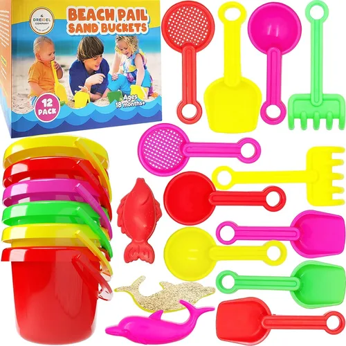 Miniatura 8 de The Dreidel Company Mini juegos para el día de la playa (paquete de 12) cubo de arena de 3.25 pulgadas, la caja incluye cubo, pala, rastrillo