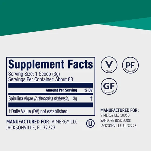 Miniatura 4 de Vimergy Polvo de Espirulina – Proteína Vegetal Concentrada Apoya la Salud Inmune y la Función Cardiovascular – Vegano, Kosher, Sin Gluten – 250g