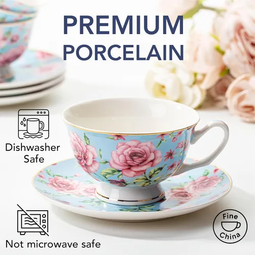 Miniatura 4 de BTaT - Juego de tazas de té y platillos florales, 8 onzas, juego de tazas de té de porcelana fina con ribete dorado para té de la tarde, bodas