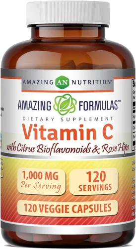 Amazing Formulas Vitamina C (ácido ascórbico) de 1000 mg con bioflavonoides de rosa y cítricos | Suplemento de cápsulas vegetales | Sin OMG | Sin