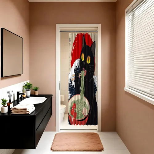 Miniatura 3 de Cortina de ducha estrecha con diseño de gato negro y animé japonés para casa rodante, juegos de decoración de baño, tela impermeable con ganchos, 36