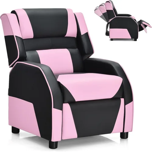 Giantex Silla reclinable para niños, silla reclinable para juegos con reposapiés, reposacabezas y soporte lumbar, silla ergonómica de cuero para Rosa