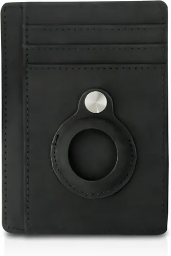 AirTag - Portatarjetas tipo cartera resistente y delgado bolsillo ligero con soporte integrado para Airtag RFID impermeable cuero genuino negro