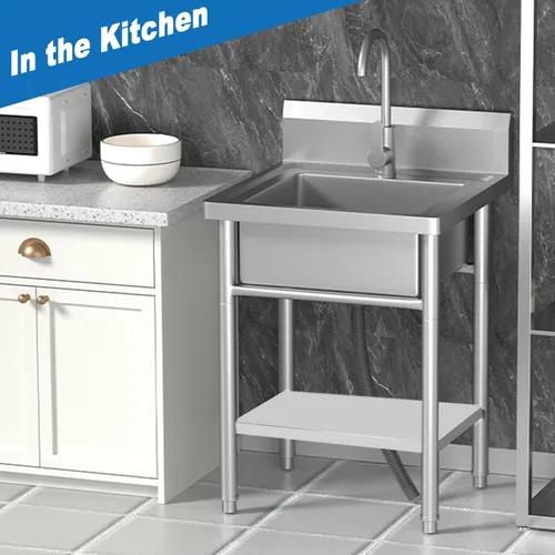 Miniatura 4 de Fregadero utilitario de acero inoxidable de 20 pulgadas con plomería de agua fría/caliente y estante para cocina, baño, lavandería Fregadero