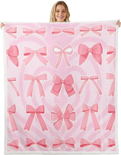Miniatura 28 de Manta de franela con lazo rosa, manta de vellón con lazo en acuarela para decoración del hogar, sofá, sofá, manta de forro polar kawaii de dibujos