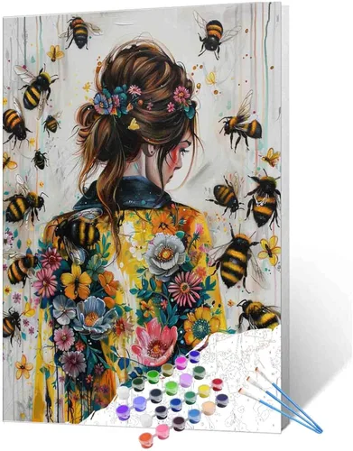 Miniatura 22 de TUMOVO Pintura por números para niñas con flores para adultos, principiantes, mujeres rodeadas de abejas, pintura acrílica por números, pintura