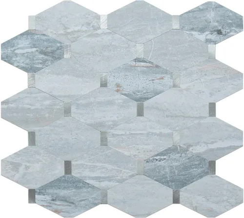 DICOFUN 1 lámina de loseta adhesiva en muro de mármol gris largo octogonal, azulejos adhesivos de piedra falsa de PVC con metal plateado para pegar