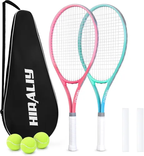 HIRALIY Juego de raquetas de tenis de 27 pulgadas para adultos, raquetas de tenis preencordadas para 2 jugadores, 2 cintas de sobreagarre, 3 pelotas