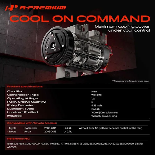 Miniatura 2 de A-Premium Compresor de aire acondicionado con embrague compatible con Toyota Highlander 2.7L 2009-2013, Venza 2.7L 2009-2016