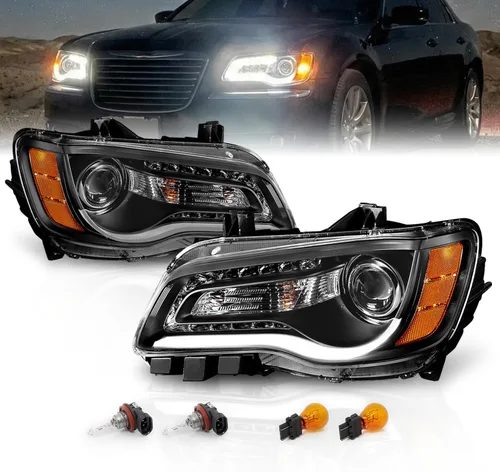 AmeriLite Par de faros delanteros para faros delanteros de tubo LED negro para Chrysler 300 Sedan OE+ 2011-2014, lado del pasajero y del conductor