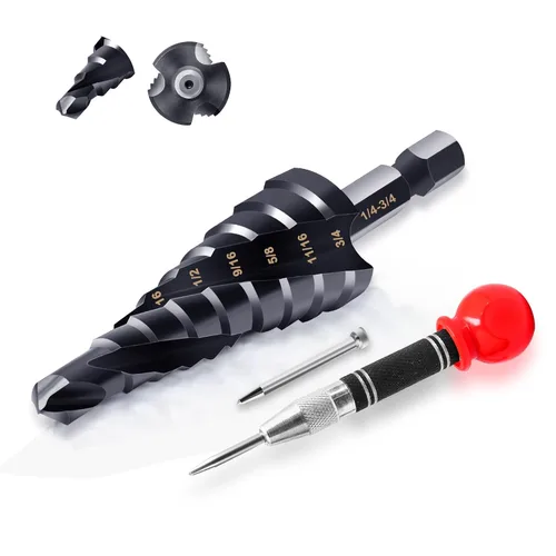 Hakkin M35 Cobalt Unibit - Broca escalonada para metal de 1/4 a 3/4 pulgadas, con revestimiento de titanio, juego de tres brocas en espiral y punzón