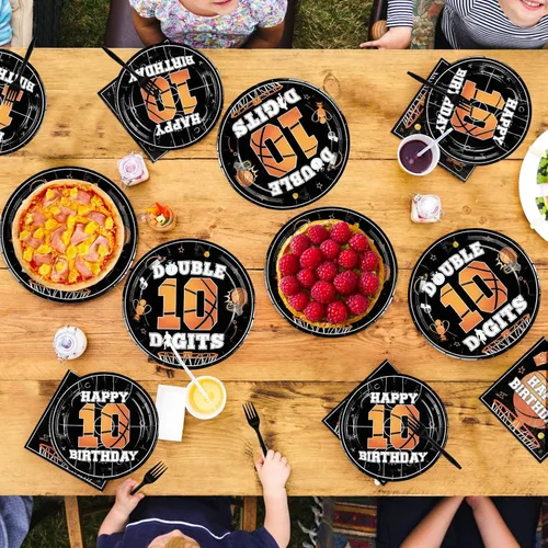 Miniatura 7 de 96 piezas de suministros para fiesta de cumpleaños de 10 años, platos y servilletas desechables de baloncesto y deportes, juego de vajilla