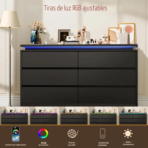 Miniatura 5 de Gyfimoie Cómoda Negra de 6 Cajones para Dormitorio, Cajonera Larga de 47.2" con Estación de Carga y Luces LED, Gabinete de Almacenamiento de Madera