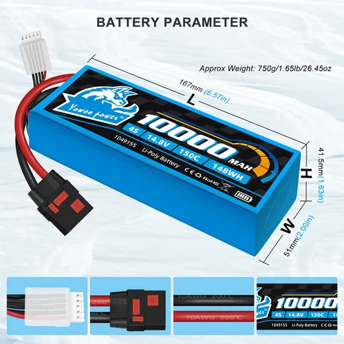 Miniatura 3 de Yowoo - Batería Lipo 4S de 10000 mAh, 14.8 V, 150C, conector QS8, batería de grafeno Lipo con placas de metal compatible con modelos Xmaxx RC Car