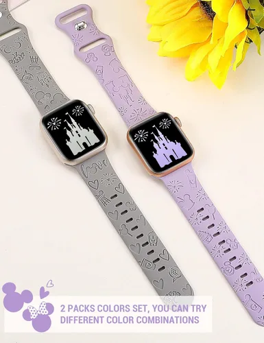Miniatura 4 de 2 paquetes de correas grabadas con dibujos animados compatibles con Apple Watch de 38/40/41/42/44/45/46/49 mm, correa de silicona suave y linda