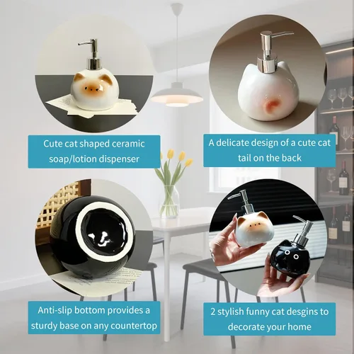 Miniatura 4 de Dispensador de jabón de cerámica para gatos con bomba de acero inoxidable, perfecto para jabón de platos, jabón líquido, dispensador de jabón