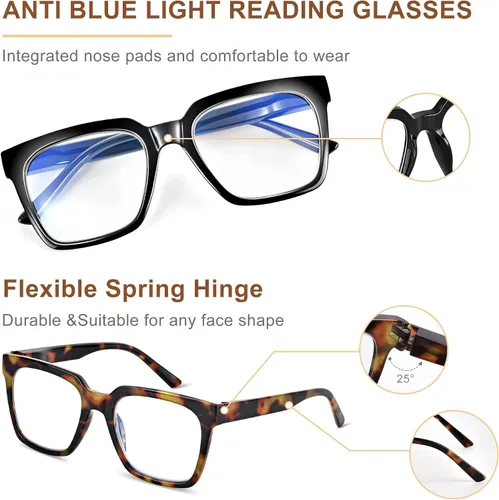 Miniatura 4 de EASY READ 3 pares de anteojos de lectura para mujer, cuadrados, con bloqueo de luz azul anti UV, lectores de computadora con bisagra de resorte