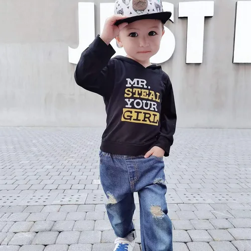 Miniatura 2 de NZRVAWS Ropa para bebé niño de 6, 12, 18, 24 meses, 2, 3, 4T, traje de niño pequeño, sudadera con capucha impresa con letras, pantalones de mezclilla