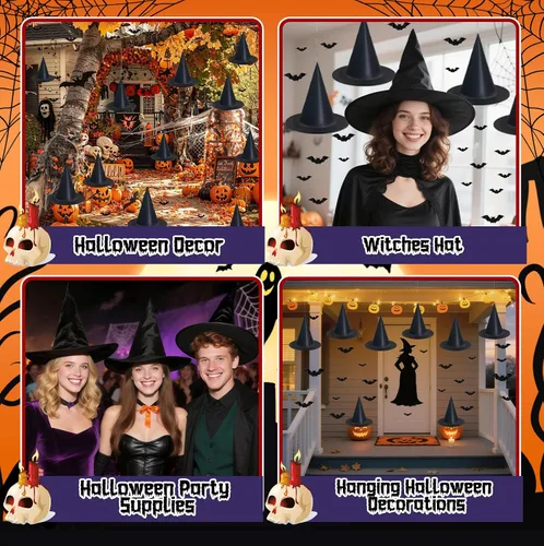 Miniatura 5 de Decoraciones colgantes de Halloween para interiores y exteriores, sombreros de bruja, paquete de 8 sombreros de bruja de Halloween con cuerda de 108