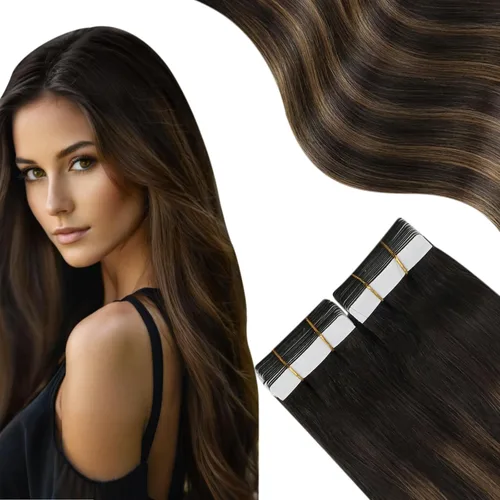 Moresoo Extensiones adhesivas de cabello humano degradado, balayage, mezcla de marrón oscuro con extensiones de color marrón medio, extensiones de