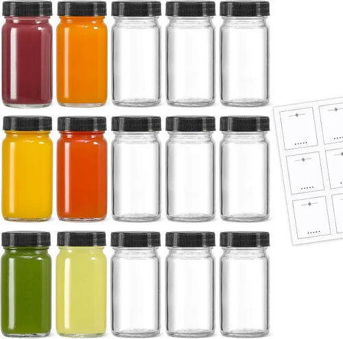 LANDNEOO Paquete de 15 Mini Botellas de Vidrio de 2 oz con Tapas Negras y 15 Etiquetas - Tarro Pequeño Transparente para Jengibre, Shot de