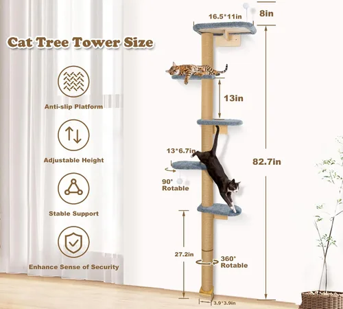 Miniatura 2 de Estantes de pared para gatos para gatitos, árbol para gatos de piso a techo de 83 pulgadas con almohadillas de felpa grises, árbol de escalada