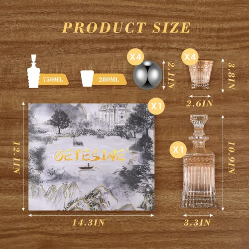 Miniatura 6 de BETESINE Juego de decantador de whisky con 6 vasos, 25.4 fl oz, sin plomo, juego de decantador de licor de cristal para bourbon, whisky, whisky