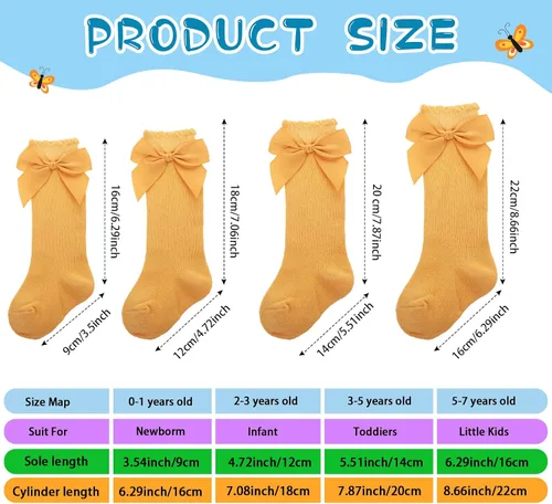 Miniatura 7 de 9 pares de calcetines hasta la rodilla para bebé con lazo de punto para niña, calcetines largos de tubo de algodón para bebé recién nacido, 9
