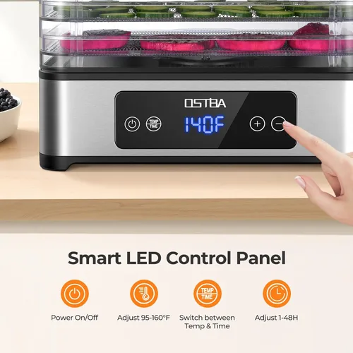 Miniatura 10 de OSTBA Deshidratador de alimentos, 5 bandejas de acero inoxidable, secado potente de 400 W, temporizador de 48 horas y control de temperatura de 95 a