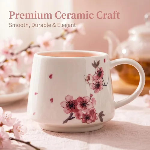 Miniatura 4 de DUSVALLY Taza de café floral de cerezo de 12 onzas, taza de cerámica con asa, apta para microondas y lavavajillas, taza de regalo rosa para mujer