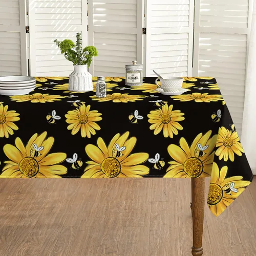 Horaldaily Mantel de verano de 52 x 70 pulgadas, diseño de girasol amarillo, abejorro, negro, otoño, lavable, para fiesta, picnic, decoración de cena