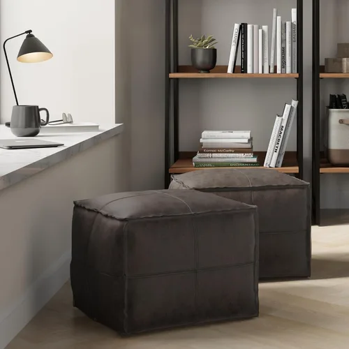 Miniatura 2 de SIMPLIHOME Sheffield - Puf cuadrado de 18 pulgadas de ancho x 14 pulgadas de alto de cuero genuino en marrón oscuro envejecido, reposapiés