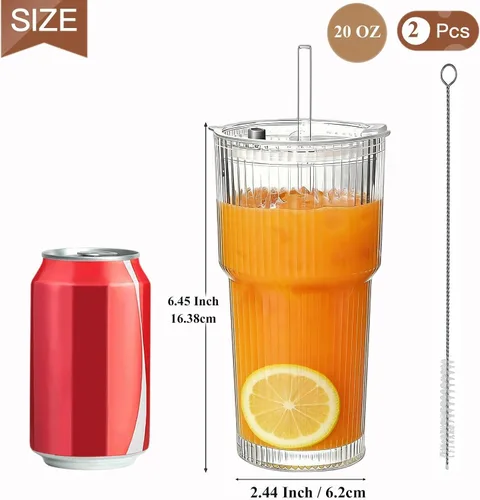 Miniatura 2 de Vaso de vidrio acanalado de 20 onzas, tazas de café helado con tapas y pajitas, vaso grueso reutilizable para llevar, ideal para café, batidos