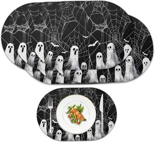 Miniatura 50 de Pumpkin Placemats Set of 4 Ghost Non Slip Washable Heat Resistant Place Mats 12x18 Inch Round Tablemats for Dining Kitchen Party Daily Table Decor