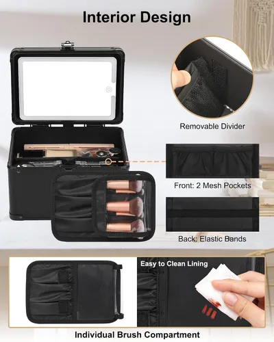 Miniatura 5 de Relavel Estuche de maquillaje con espejo LED, 01-Negro, Bolsa de maquillaje de viaje con espejo LED para niñas