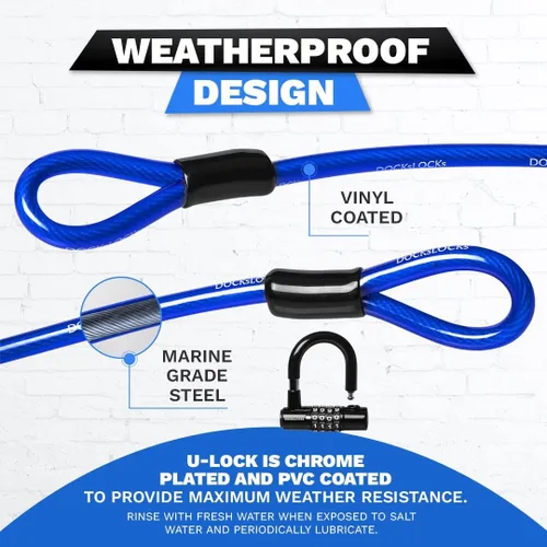 Miniatura 4 de DocksLocks Juego de candado de cable de seguridad (5' a 25') extremos en bucle, resistente a la intemperie, cerradura compacta sin llave en U