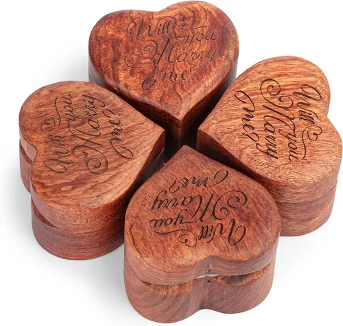 Miniatura 6 de MONYCraft Caja de anillo con forma de corazón Caja de madera hecha a mano para propuesta, caja de anillo de compromiso de madera, caja de anillo