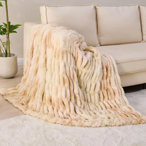 Softan Manta de piel sintética extra suave, cálida manta de piel sintética a rayas con reverso de franela para sofá, cama, sala de estar, beige, 60