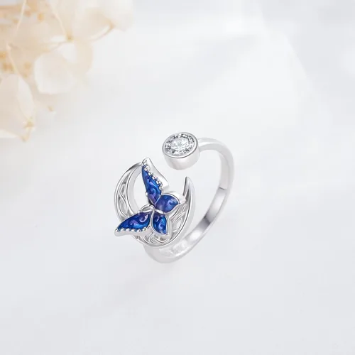Miniatura 2 de Twoowl Anillo de mariposa de plata de ley 925 con luna celta irlandesa, regalos de joyería celta para mujeres y niñas, Plata de ley, Sin piedras
