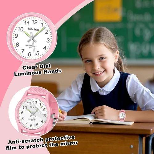 Miniatura 4 de SOCICO Reloj analógico para niños y niñas, reloj de aprendizaje fácil de leer, resistente al agua 50M, reloj de pulsera de banda suave para edades