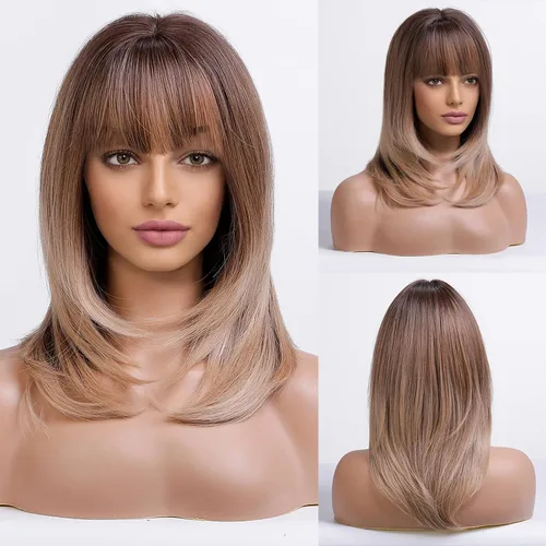 Miniatura 18 de Alanhair MEACO - Pelucas color castaño rojizo para mujer, pelucas largas en capas naranjas con flequillo, pelucas de fibra sintética resistentes al