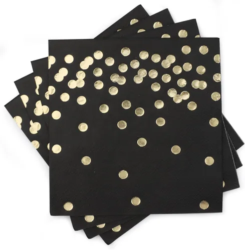 Miniatura 9 de Paquete de 80 servilletas de cóctel de papel negro con confeti de lunares de lámina dorada, suministros de fiesta de lunares (5 x 5 in, 3 capas)