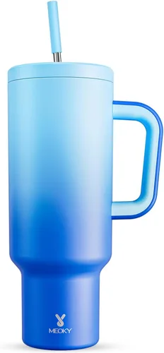 Miniatura 40 de Meoky - Vaso de 30 oz con asa, tapa y pajilla, taza de viaje térmica de acero inoxidable 100% a prueba de fugas, para portavasos, mantiene el frío
