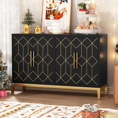 HLR Gabinete de Acento con 4 Puertas y Estantes, Gabinete Aparador Buffet con Ribete Dorado, Almacenamiento Negro Moderno para Sala de Estar,