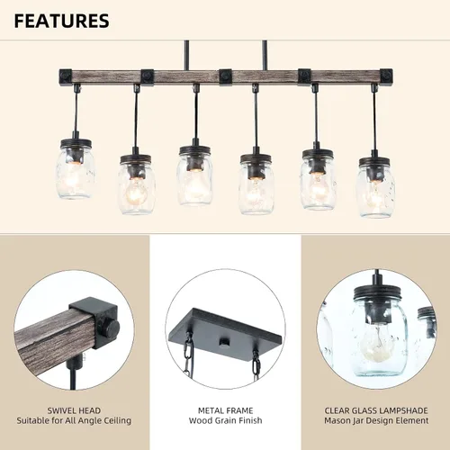 Miniatura 5 de Iluminación de isla de cocina de granja, candelabro de tarro de masón, candelabro rústico lineal de 6 luces, lámpara colgante de 30 pulgadas