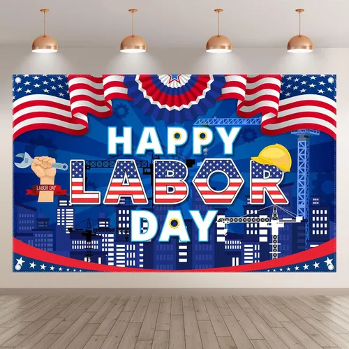 Miniatura 2 de Fondo de fotografía de 72 x 43 pulgadas con texto en inglés «Happy Labor Day Photografy», banderas americanas, estrellas, rayas, fondo, trabajador