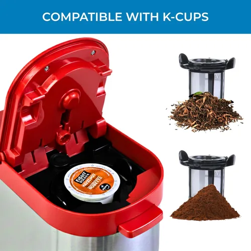 Miniatura 3 de Koolatron Kenmore Cafetera de una porción y Taza de Viaje de Acero Inoxidable, Compatible con Cápsulas/Pods y Café Molido, Compatible con K Cup, Rojo