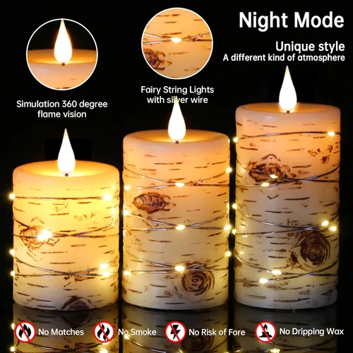 Miniatura 7 de Velas LED sin llama, velas LED pintadas a mano con efecto de corteza de abedul, juego de 3 velas con cadena de luces empotradas (H4,5,6"), pilar