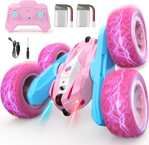 Automóvil a control remoto, camiones RC rosas para niñas, camión RC recargable, juguete de auto de acrobacias de doble cara de 2.4Ghz rotación 360°
