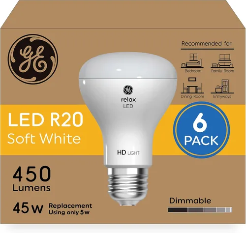 Miniatura 5 de GE Relax - Paquete de 2 bombillas LED R20, equivalentes a 45 W, regulables, color blanco suave
